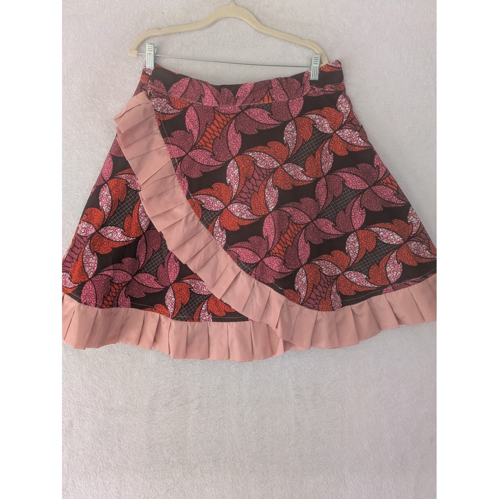 Handmade A-Line Skirt Women's XL Pink Red Floral Geometric Ruffle Trim‎ Zip